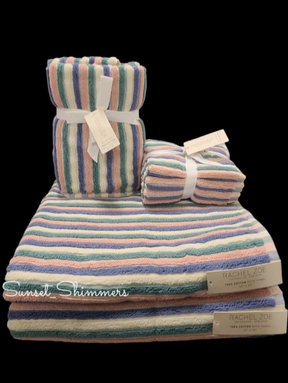 8pc Rachel Zoe Cotton Pink Teal Rainbow Striped Bath Hand Washcloth Towel Set